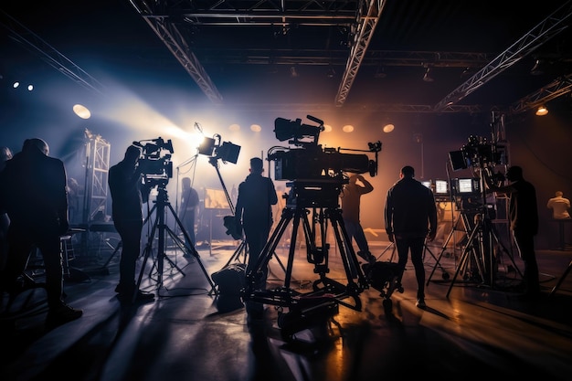 Behind the shooting video production and film crew team Silhouette of people in studio setting