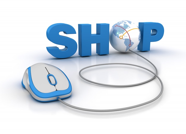 SHOP 3D Word with Globe World and Computer Mouse