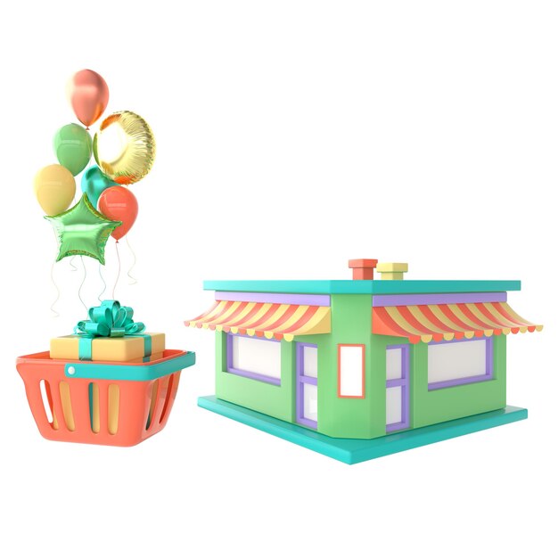 The shop building and shopping basket with present box and colorful balloons