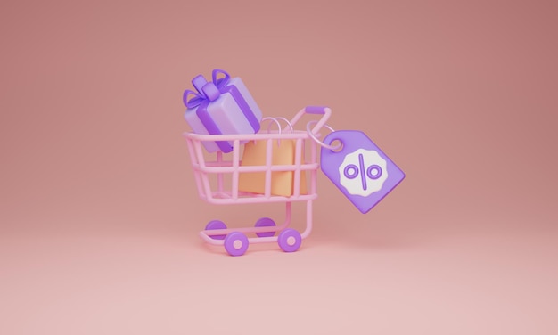 Shop cart sale promo with discount label and present 3D illustration concept