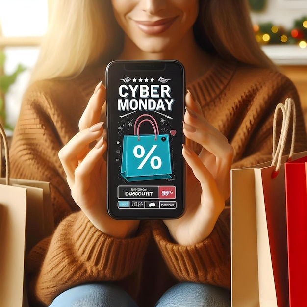 Photo shop cyber monday discounts on smartphone screen and shopping bags