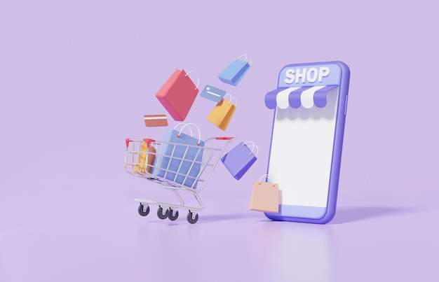 Shop online buying concept on mobile app Shopping cart with shopping bag floating on purple pastel background discount promotion sale banner buy sell website 3d render illustration