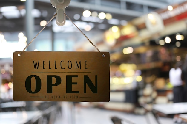 Shop open of storefront sign,restaurant shows the opening status.