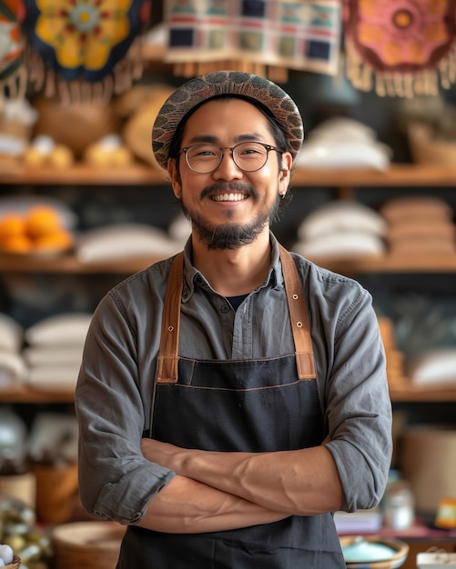 Shop owner feeling happy in a semi closeup shot with a background related to World Cotton Day more clarity with clear light and sharp focus high detailed