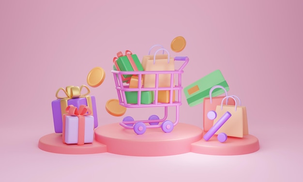 Shop sale full shopping cart with bags on podium 3D illustration concept