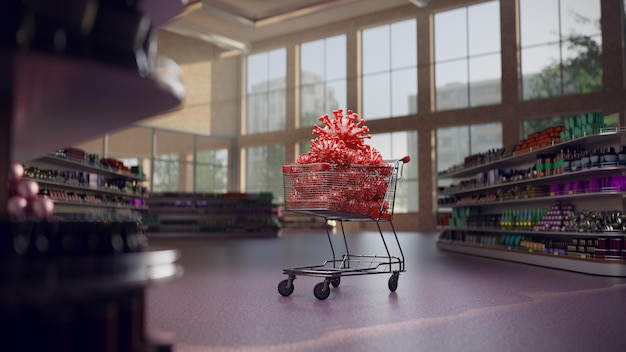 Shop and shopping cart with corona virus covid 2019. 3d render . High quality render