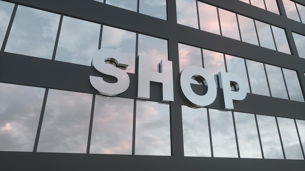 Shop sign on a modern glass skyscraper Shop glass building 3d rendering