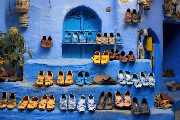 Shop for Souvenirs at Blue Moroccan Building in Chefchaouen Traditional Slippers and Exquisite