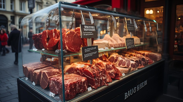 Photo a shop window proudly displays red raw meats promoting a proteincentric diet