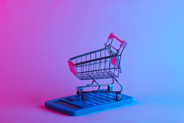 Shoping trolley with calculator in trendy neon light