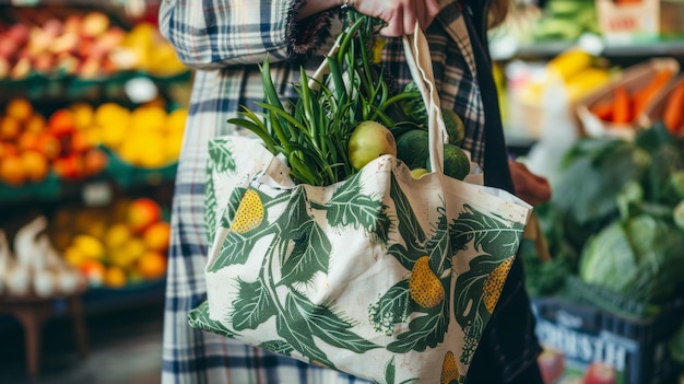 Shopper Carrying Fresh Produce in EcoFriendly Bag at Farmers Market