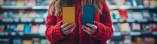 Photo shopper comparing two smartphones concept as candid shot of a shopper holding two smartphones in a s