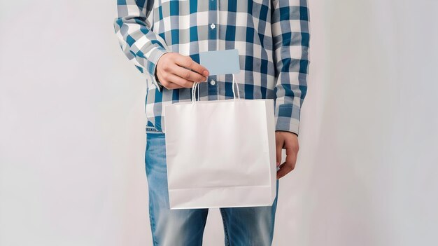 Shopper Holding Credit Card and Shopping Bag on White Background