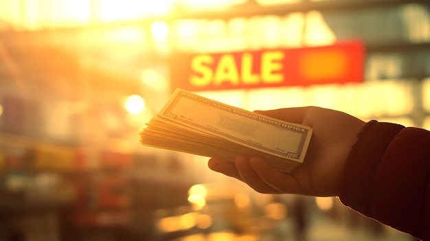 Shopper holding money at sunset with sale sign in background