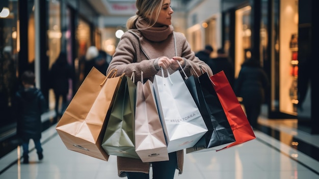 A shopper holding multiple shopping bags filled with Black Friday purchases