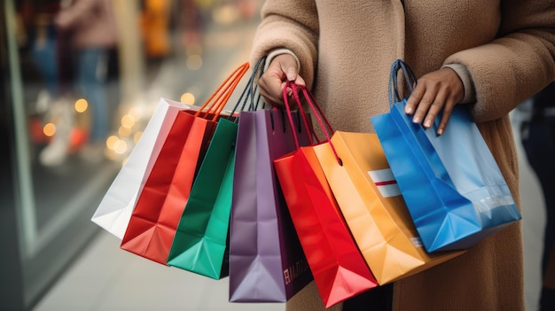 A shopper holding multiple shopping bags filled with Black Friday purchases