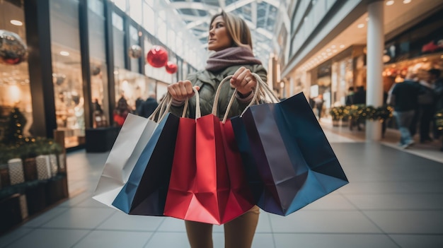 A shopper holding multiple shopping bags filled with Black Friday purchases