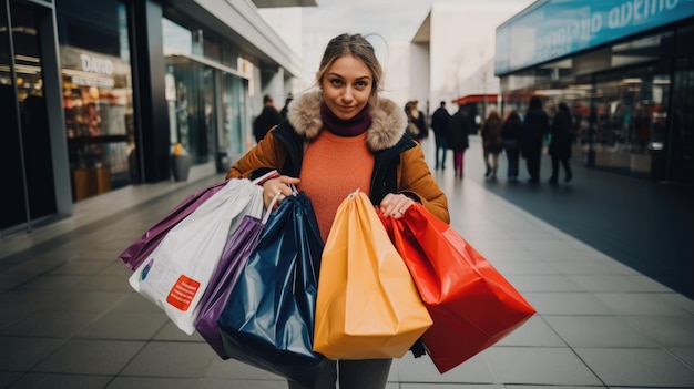 A shopper holding multiple shopping bags filled with Black Friday purchases