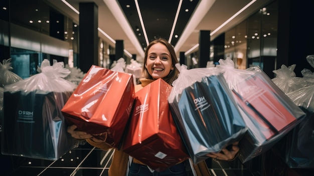 A shopper holding multiple shopping bags filled with Black Friday purchases