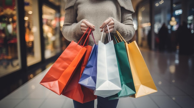 A shopper holding multiple shopping bags filled with Black Friday purchases