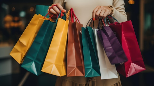 A shopper holding multiple shopping bags filled with Black Friday purchases