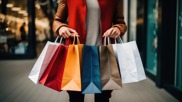 A shopper holding multiple shopping bags filled with Black Friday purchases