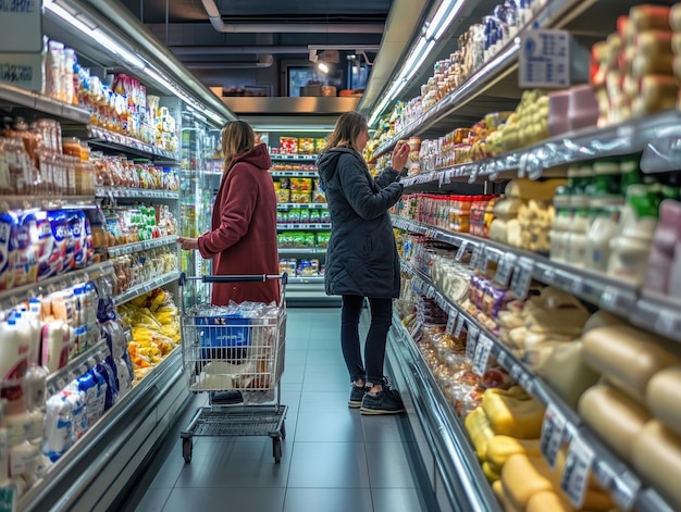 Photo shoppers comparing prices in the supermarkets dairy section