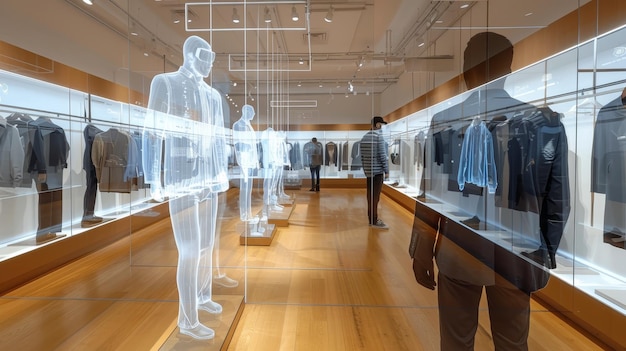 Shoppers explore a hightech retail store featuring holographic displays of human figures