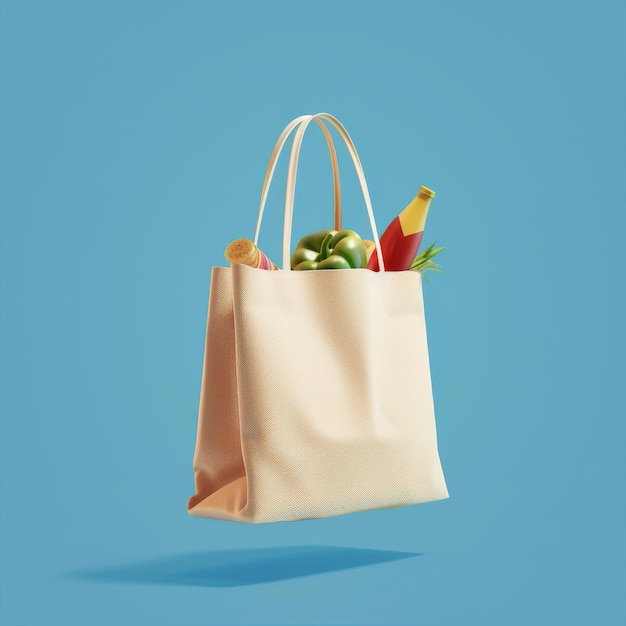 A shopping bag brimming with fresh produce on a striking blue backdrop