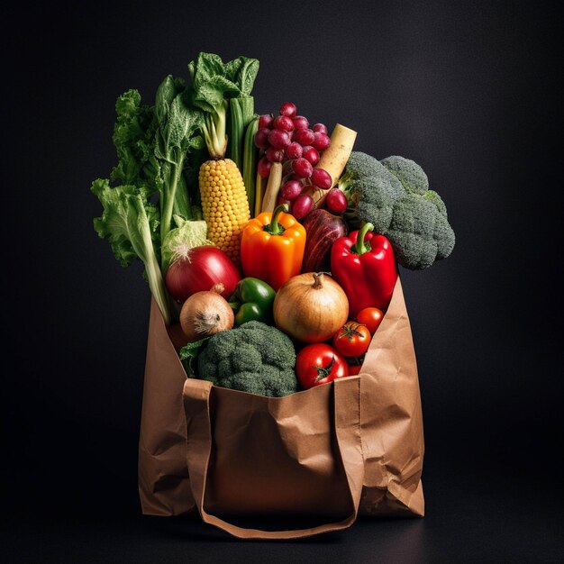 Shopping bag full of fresh vegetables on dark background Healthy food concept