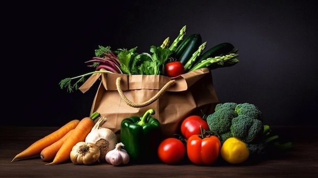 Shopping bag full of fresh vegetables on wooden table with black background