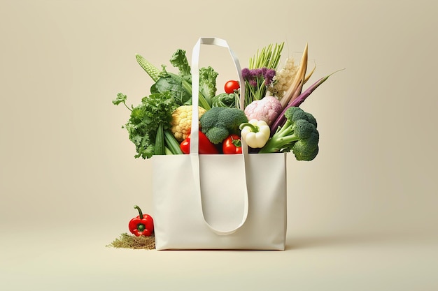 Shopping bag with fresh vegetables on color background Grocery delivery