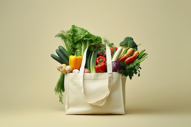 Shopping bag with fresh vegetables on color background Grocery delivery