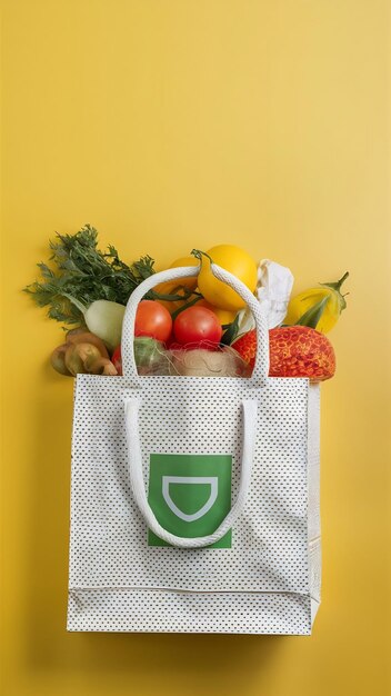 Photo shopping bag with groceries on yellow background