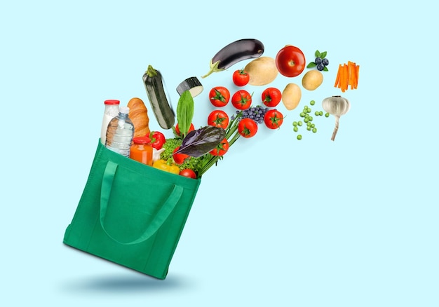 Shopping bag with vegetables and fruits. Vegetarian food