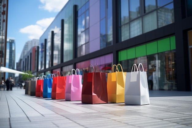 Shopping bags in vibrant hues stand out against the out of focus mall