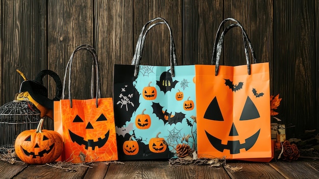 Photo shopping bags with halloween prints on a rustic wooden background offering space for your message