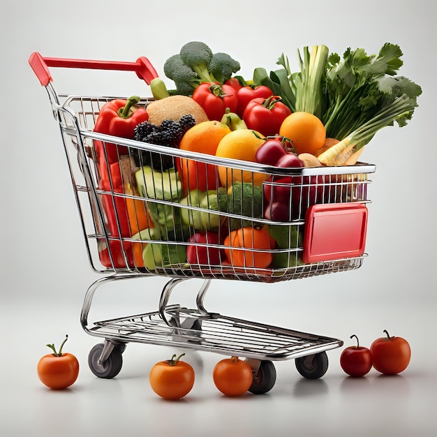 a shopping basket full of groceries on a white background