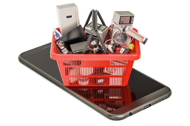 Shopping basket full of home and kitchen appliances on the smartphone 3D rendering