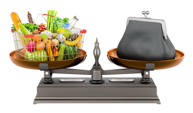 Shopping basket full of products and coin purse on the scale Balance concept 3D rendering