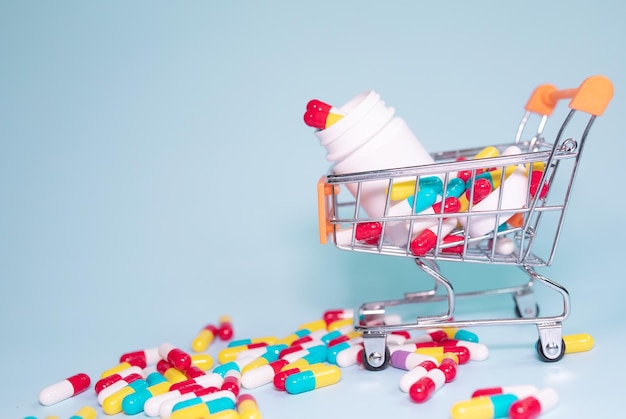 Shopping basket and pills on blue background. The concept of buying drugs online.