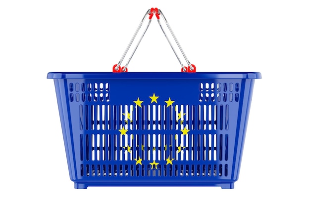 Shopping basket with the European Union flag market basket or purchasing power concept 3D rendering