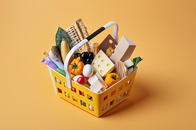 Shopping basket with food on color background