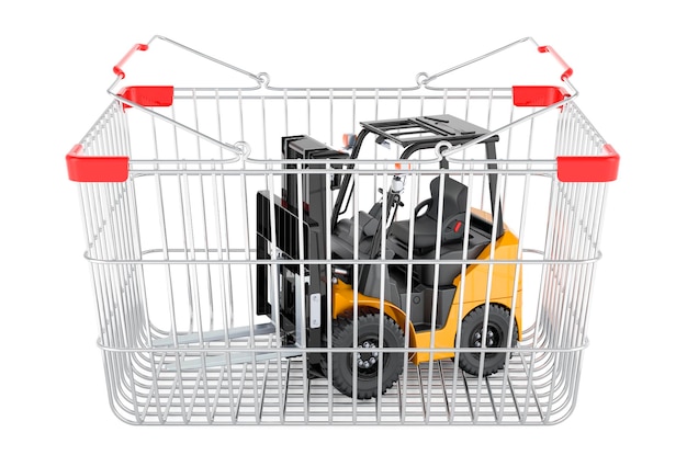 Shopping basket with forklift truck 3D rendering