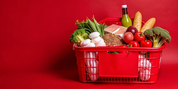 Shopping basket with fresh food Grocery supermarket food and eats online buying and delivery concept