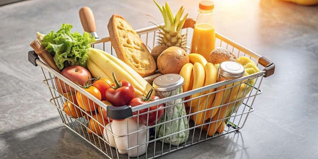 Shopping basket with fresh food Grocery supermarket food and eats online buying and delivery concept