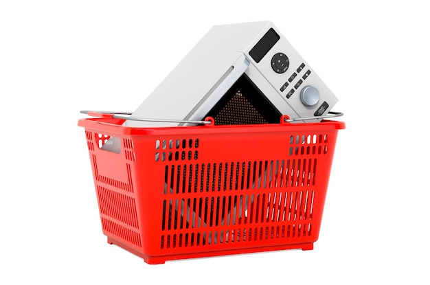 Shopping basket with microwave oven 3D rendering