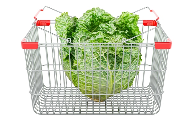 Shopping basket with savoy cabbage 3D rendering