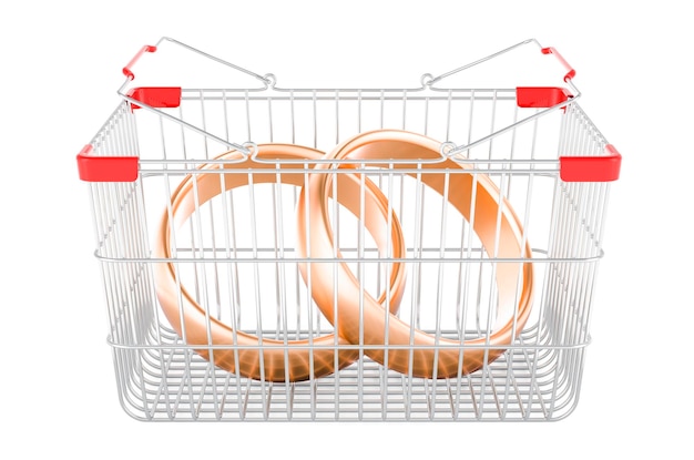 Shopping basket with wedding rings 3D rendering