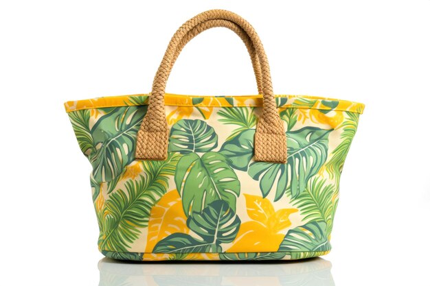 Shopping or Beach bag with green and yellow tropical leaf print on white background front view